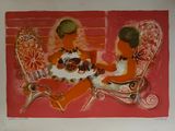 painting of two women sitting at a table with a cat