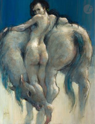 une image représentant un tableau où figurent une femme et un cheval
