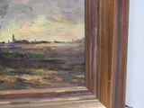 a picture of a painting of a field with a church in the distance