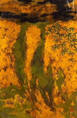 une image représentant un tableau représentant un paysage avec des arbres et de l'herbe
