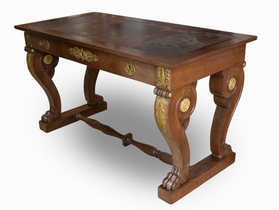 a wooden table with a marble top on a white background