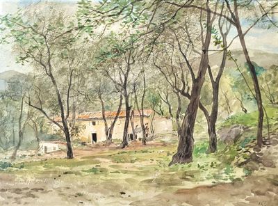 une aquarelle représentant une maison dans les bois