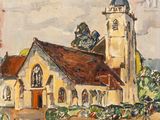 an oil painting of a church with a steeple and a clock tower