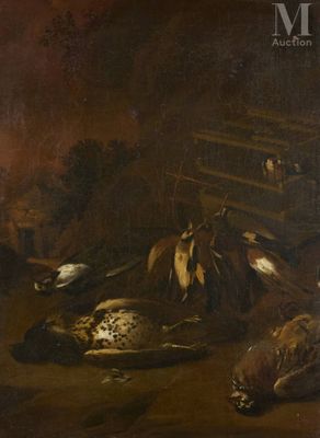 tableau représentant une nature morte avec des oiseaux morts et d'autres objets posés sur une table