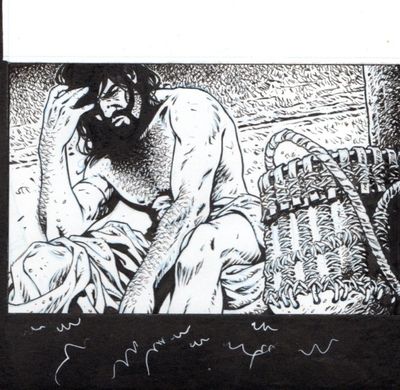 dessin représentant un homme assis sur un lit avec un chien