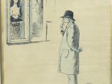 drawing of a man standing in front of a painting of a woman