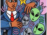 an image of a painting of a man in a suit with alien faces