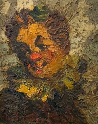 une peinture à l'huile représentant un clown coiffé d'un chapeau vert et doté d'un nez rouge