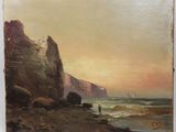an image of a painting of a man walking on a beach near the ocean
