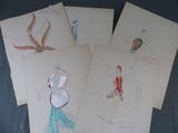 quatre dessins représentant une femme en robe bleue et un homme en costume rouge