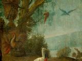an image of a painting of a peacock and a bird in a landscape