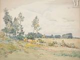 an image of a painting of a field with trees in the distance