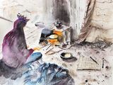 une aquarelle représentant une femme assise devant un poêle