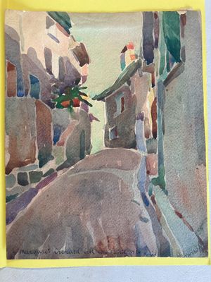 a picture of a painting of a street with a bird on it