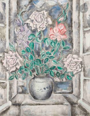 a painting of flowers in a vase on a window sill