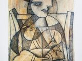 l'image d'un dessin représentant une femme assise sur une chaise