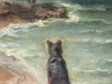 a painting of a dog sitting on a beach near the water