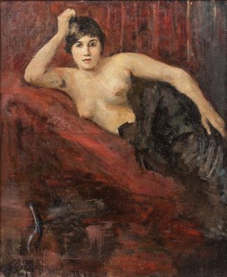 an image of a painting of a woman sitting on a red couch