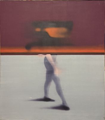 a painting of a man riding a skateboard on the beach