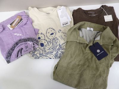 three shirts are sitting on a table with a price tag