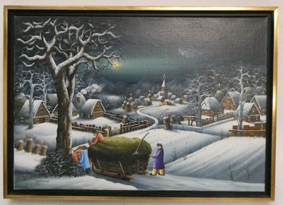 peinture d'une scène de village d'hiver avec un traîneau tiré par des chevaux transportant un arbre de Noël