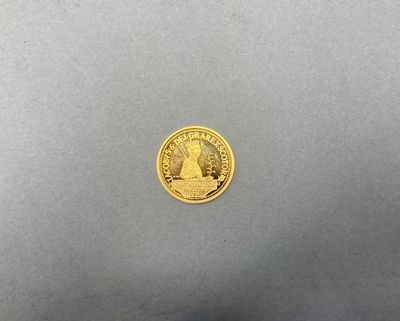 gros plan d'une pièce d'or sur une surface grise