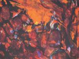 a painting of a group of people riding horses in a field
