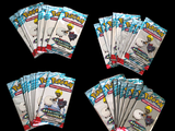 five packs of pokemon trading cards are shown on a black background