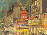an oil painting of a city street with people walking on the sidewalk