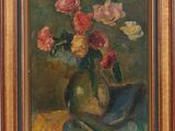 a painting of flowers in a green vase on a table