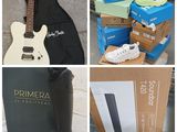 four pictures of a guitar, a pair of boots, a box, and a pair of shoes