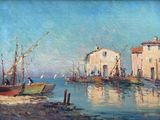painting of a painting of a harbor scene with boats in the water
