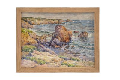 une peinture à l'huile représentant une côte rocheuse avec des rochers au premier plan