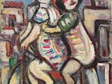 une peinture à l'huile représentant deux personnes à vélo, avec un paysage urbain en arrière-plan