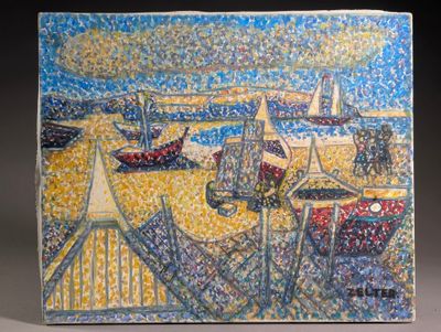 une image d'une peinture de bateaux sur l'eau