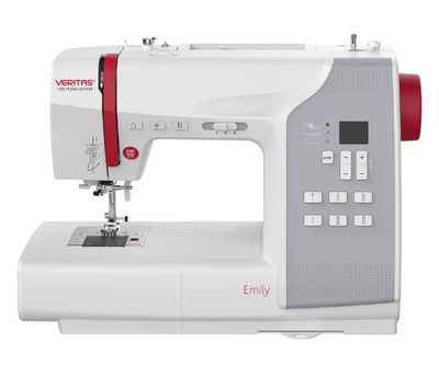 La machine à coudre est blanche et rouge sur fond blanc.