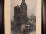 painting of a church with a horse drawn carriage in front of it