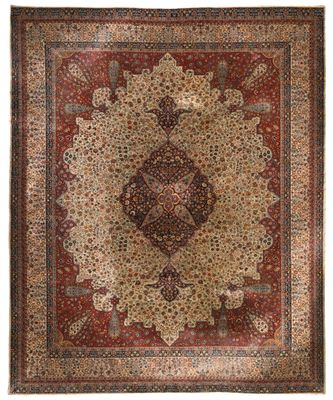 tapis persan antique à motif de médaillon sur fond rouge