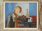 un tableau représentant une femme assise à une table avec une bouteille de vin