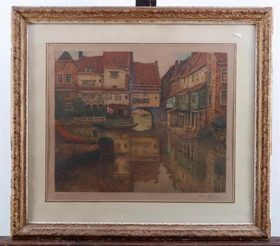 painting of a river scene with a boat and buildings in the background