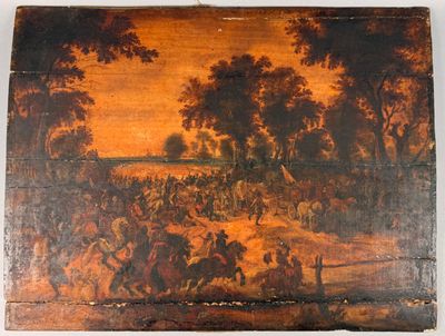 an old wooden box with a painting of a battle on it