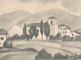 drawing of a church in a rural area with mountains in the background