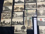 several old black and white photographs of a town and buildings