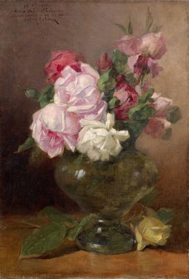 tableau représentant des roses roses et blanches dans un vase vert posé sur une table