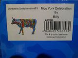 une étiquette sur une vache sur laquelle on peut lire « Moo York Celebration by Billy »