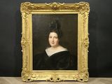 a painting of a woman in a black dress and a gold frame