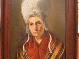 an old painting of a woman with a white hat and a red scarf
