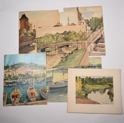 four watercolor paintings of boats and buildings on a white surface