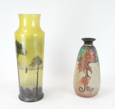 two vases sitting side by side on a white surface