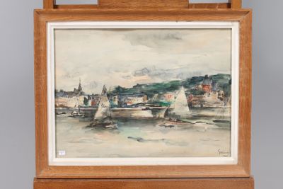 an image of a painting of boats on the water in a wooden frame